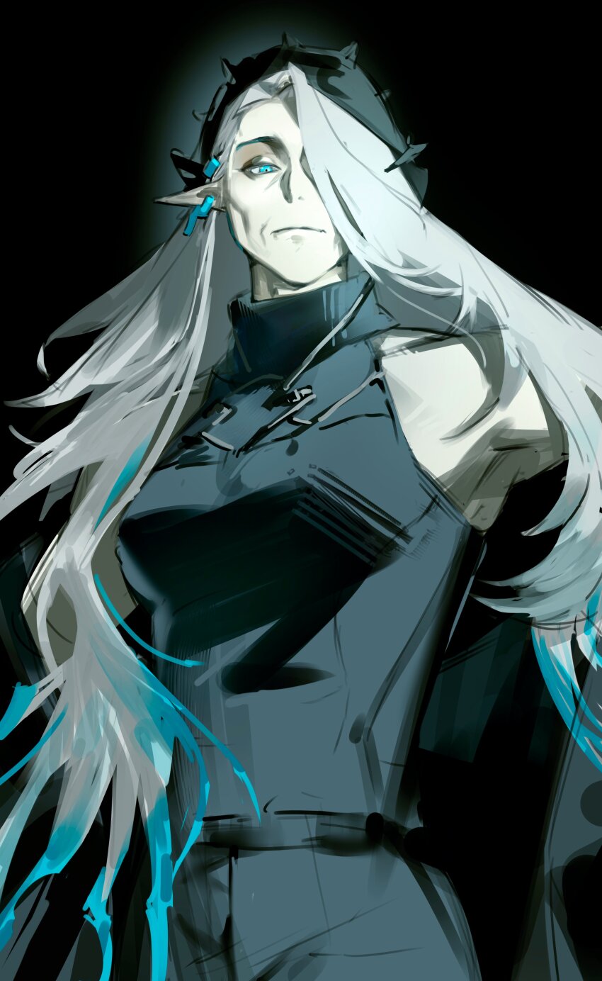 1girl absurdres arknights black_background black_jumpsuit blue_eyes blue_hair closed_mouth colored_tips earrings grey_hair hashtag-only_commentary highres jewelry jumpsuit kou_zhua long_hair looking_at_viewer mantra_(arknights) mature_female multicolored_hair pointy_ears simple_background sleeveless upper_body very_long_hair