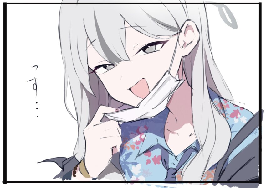 1girl blue_archive grey_eyes grey_hair hawaiian_shirt highres japanese_text konoka_(blue_archive) looking_at_viewer mask saiun_sigma shirt simple_background smile solo twitter white_background