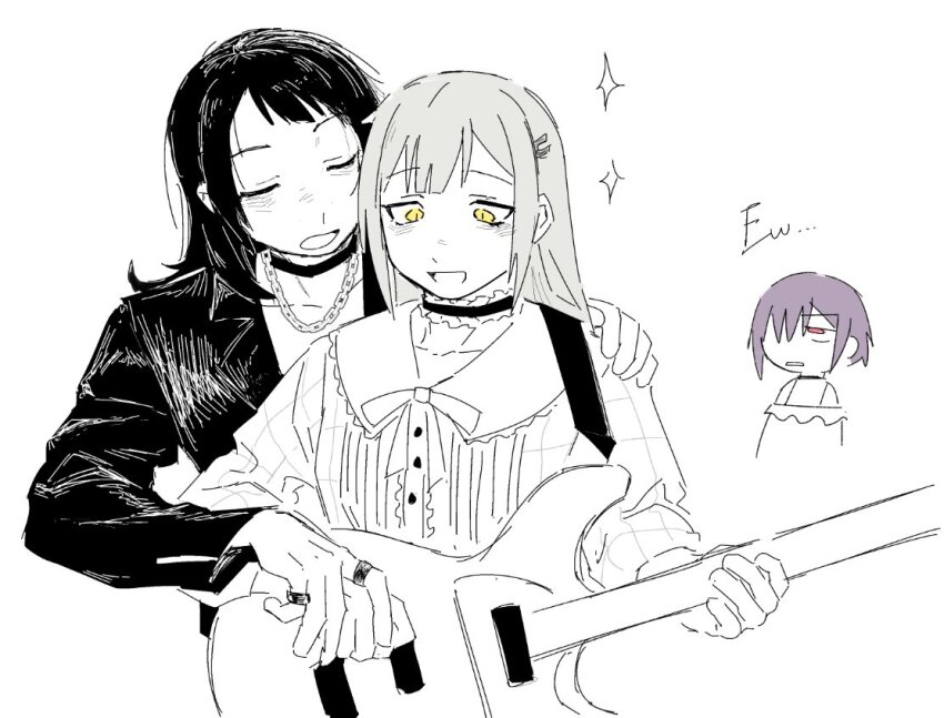 3girls bang_dream! bang_dream!_it&#039;s_mygo!!!!! black_hair black_jacket buttons chain chain_necklace choker closed_eyes disgust dress frilled_choker frills furrowed_brow green_hair guitar hand_on_another&#039;s_shoulder helping holding holding_guitar holding_hands holding_instrument instrument jacket jewelry looking_at_another medium_hair mortis_(bang_dream!) mortis_(persona)_(bang_dream!) multiple_girls multiple_rings necklace off-shoulder_shirt off_shoulder open_mouth parted_lips purple_hair ribbon ring seal_in_somalia shirt short_hair smile sparkle wakaba_mutsumi white_background yahata_umiri yellow_pupils yuutenji_nyamu