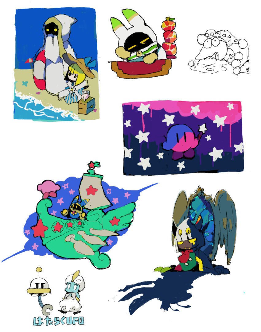 beach blonde_hair genie hat highres hyness innertube kirby kirby&#039;s_return_to_dream_land kirby:_star_allies kirby_(series) kirby_and_the_amazing_mirror kirby_super_star lor_starcutter magolor marx_(kirby) mirror multiple_views nintendo ship soumenhiyamugi sun_hat swim_ring taranza ufo ufo_(kirby) water watercraft zan_partizanne