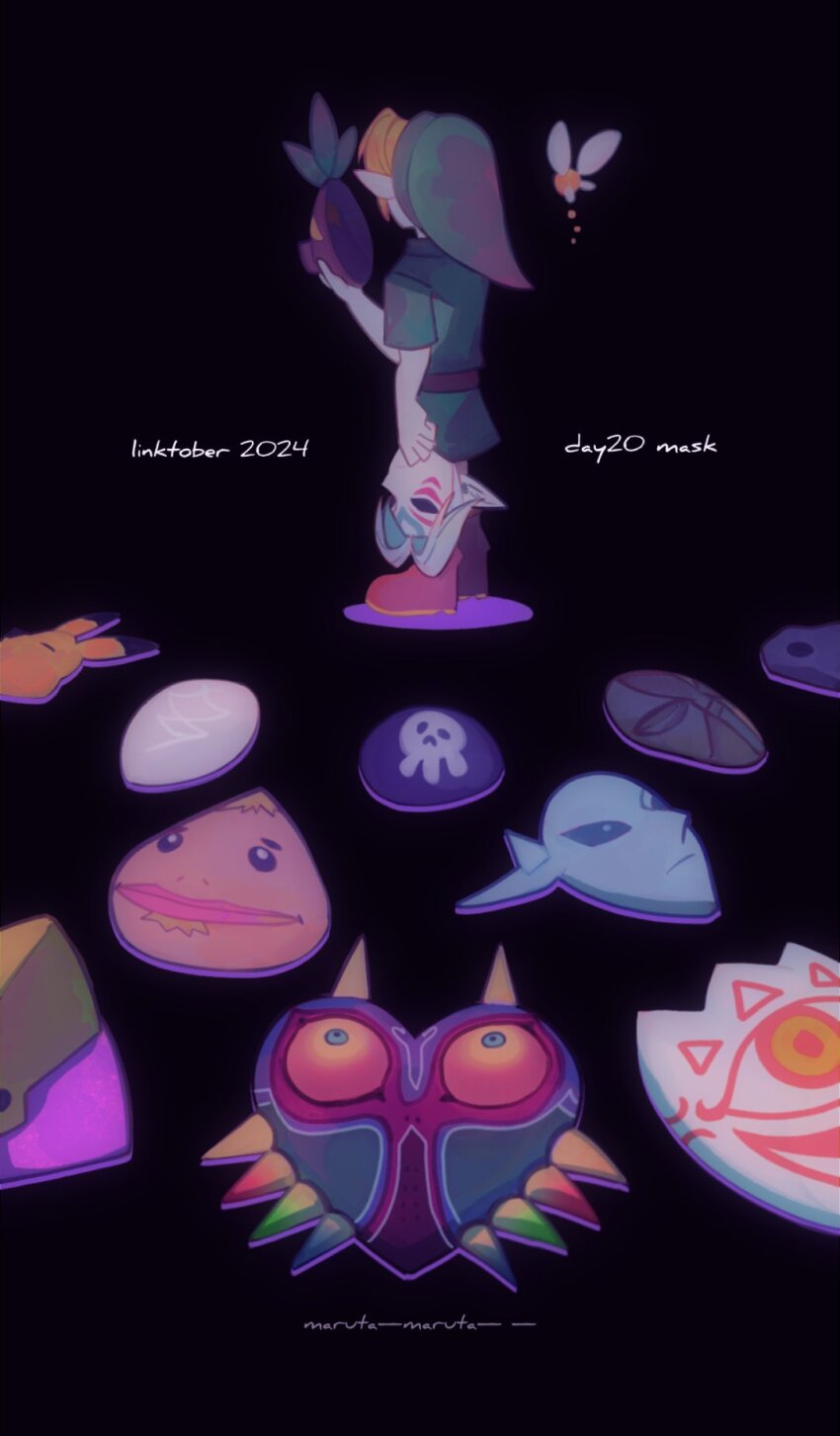 1boy 2024 black_background blast_mask blonde_hair boots couple&#039;s_mask_(zelda) dated deku_mask fairy fierce_deity_mask from_behind full_body garo_mask giant&#039;s_mask goron_mask hat highres keaton_mask link majora_(entity) maruta_maruta mask mask_of_truth nintendo pointy_ears solo standing stone_mask tatl the_legend_of_zelda the_legend_of_zelda:_majora&#039;s_mask tunic zora_mask
