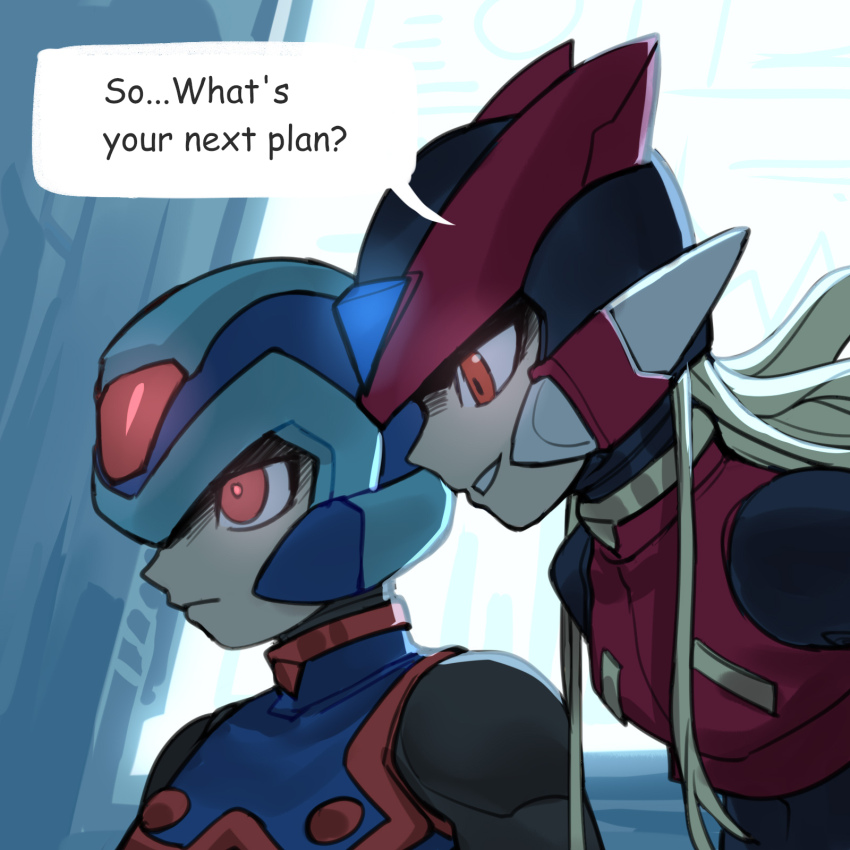 2boys armor bi_51334 blonde_hair blue_armor blue_helmet copy_x_(mega_man) english_text forehead_jewel helmet highres long_hair male_focus mega_man_(series) mega_man_zero_(series) mega_man_zero_1 mega_man_zero_3 multiple_boys omega_(mega_man) red_armor red_eyes red_helmet speech_bubble upper_body