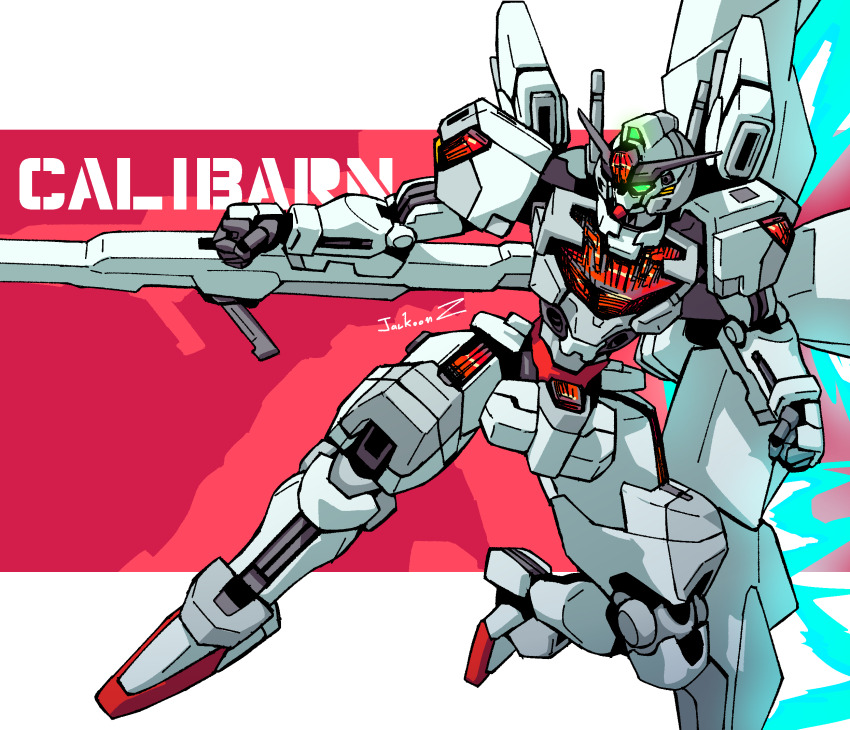 beam_cannon character_name commentary energy_cannon english_commentary english_text exhaust glowing glowing_eyes green_eyes gundam gundam_calibarn gundam_suisei_no_majo highres holding holding_cannon holding_weapon jackoonz mecha mecha_focus mobile_suit no_humans robot signature solo thrusters v-fin weapon