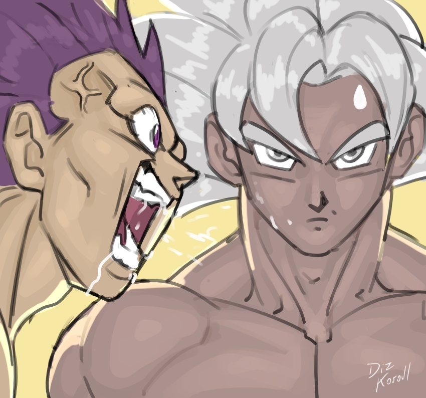2boys absurdres anger_vein commentary crazy_eyes dragon_ball dragon_ball_super drooling english_commentary frown grey_eyes grey_hair highres koralldiz male_focus multiple_boys muscular muscular_male open_mouth purple_eyes purple_hair saliva serious shouting smile solo son_goku spitting sweatdrop ultra_ego_(dragon_ball) ultra_instinct vegeta
