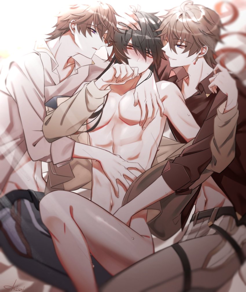 3boys absurdres bed black_skirt blouse blush zhongli_(genshin_impact) from_side genshin_impact group_sex highres mmm_threesome multiple_boys nude open_mouth shirt shisui53 skirt tartaglia_(genshin_impact) threesome white_shirt yaoi zhongli_(genshin_impact)