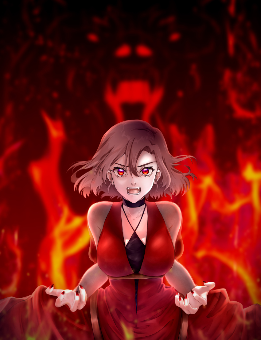 1girl absurdres bear black_choker blurry blurry_background breasts brown_hair choker claw_pose collarbone dress embers evillious_nendaiki eyelashes fangs fiery_background fingernails fire floating_hair glowing glowing_eyes glowing_mouth hair_between_eyes highres large_breasts long_fingernails long_sleeves majo_salmhofer_no_toubou_(vocaloid) meiko_(vocaloid) meta_salmhofer moonlit_bear_(vocaloid) red_dress red_eyes red_nails saliva see-through_clothes see-through_sleeves sharp_fingernails sharp_teeth short_hair slit_pupils solo teeth vocaloid yuichiromii