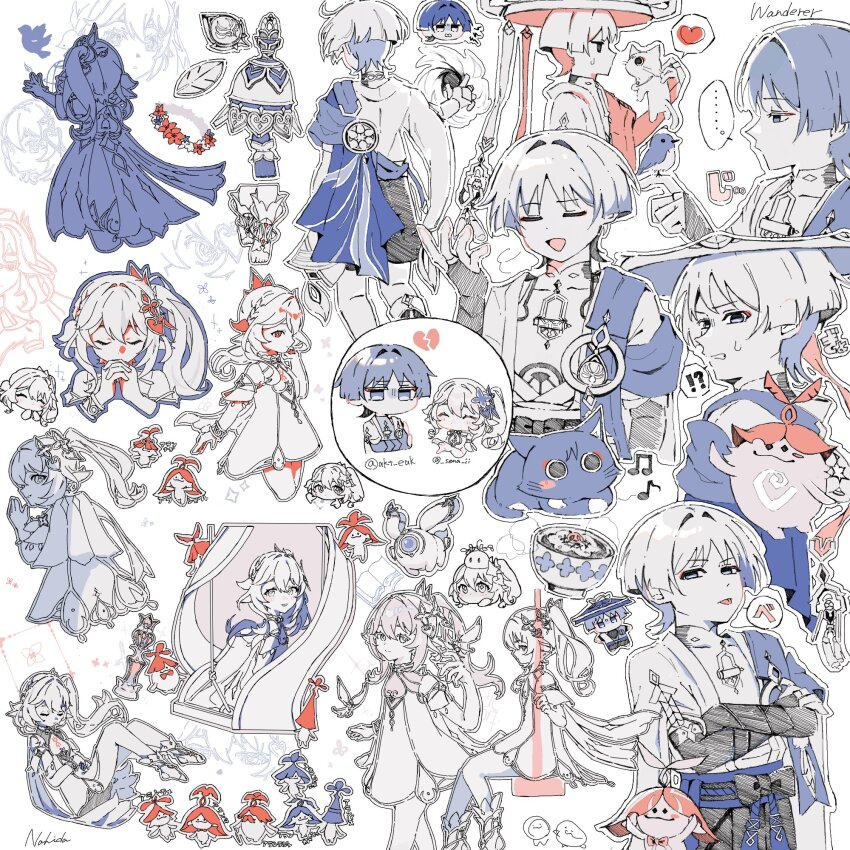 !? ... 1boy 1girl 3ksubak akt_eak anemo_symbol_(genshin_impact) angry animal animalization anklet aranara_(genshin_impact) armor artist_collaboration bare_shoulders bell belt bird bird_on_hand blunt_ends blush blush_stickers bodysuit book bow bracelet bridal_gauntlets broken_heart cape cat character_doll character_name clenched_teeth closed_eyes creature_on_head cross-shaped_pupils crossed_arms crystalfly_(genshin_impact) cursive detached_sleeves disembodied_head disembodied_legs doll dress eel eyeliner eyeshadow feathers flower_wreath food from_behind from_side furisode gem genshin_impact gnosis_(genshin_impact) hair_between_eyes hair_intakes hair_ornament half-closed_eyes half-heart_hands half_crown_braid hand_on_own_stomach hand_up heart heart_hands_failure highres holding holding_animal holding_cat interlocked_fingers japanese_armor japanese_clothes jewelry jitome kimono kneepits kote leaf leaf_hair_ornament limited_palette long_hair looking_at_animal looking_back makeup middle_ring multiple_views nahida_(genshin_impact) neo_akasha_terminal no_mouth on_swing open_clothes open_hand open_kimono outstretched_arms own_hands_together person_and_animalization pointy_ears praying puff_of_air red_eyeliner red_eyeshadow rice rope rukkhadevata_(genshin_impact) sash scaramouche_(cat)_(genshin_impact) scaramouche_(genshin_impact) sena_ii shimi_chazuke_(genshin_impact) short_sleeves shorts side_ponytail sidelocks sitting sketch slime_(genshin_impact) soup spoken_ellipsis spoken_heart spoken_interrobang stirrup_footwear stream swing symbol-shaped_pupils teeth three_quarter_view toeless_socks toes tongue tongue_out tulaytullah&#039;s_remembrance_(genshin_impact) vision_(genshin_impact) vortex wanderer_(genshin_impact)