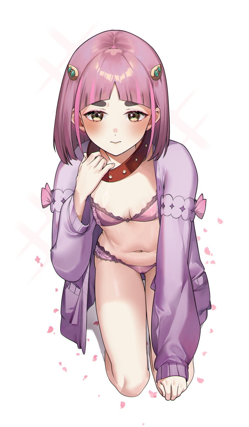 1girl 3: absurdres animal_collar arched_bangs blush bob_cut bow bra breasts breasts_apart closed_mouth collar eredhen fanged_bangs full_body gluteal_fold hair_ornament hand_up highres jacket kneeling lace lace-trimmed_bra lace_trim lacey_(pokemon) lingerie long_sleeves looking_at_viewer middle_part mismatched_eyebrows multicolored_hair navel nintendo open_clothes open_jacket panties petals pink_bow pink_bra pink_hair pink_panties pink_petals pink_streaks pocket pokemon pokemon_sv purple_jacket red_collar shiny_skin short_hair simple_background sleeve_bow small_breasts solo stomach streaked_hair thick_eyebrows thigh_gap thighs thong two-tone_hair underwear white_background yellow_eyes