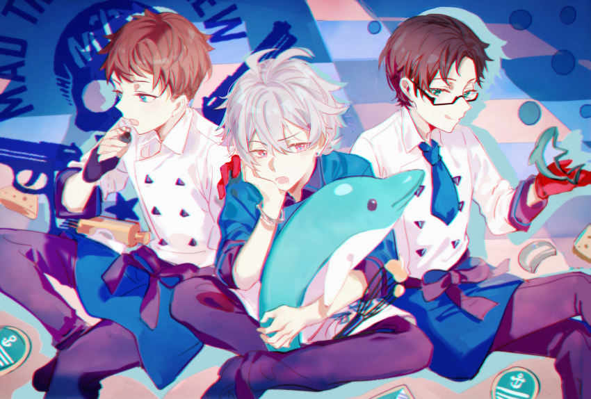 3boys :q ahoge anchor_symbol annoyed aohitsugi_samatoki apron black_pants blue_apron blue_background blue_jacket blue_neckwear blue_theme blueberry brown_hair busujima_rio_mason buttons checkered_background cheese chef commentary cookie_cutter earrings eating feet_out_of_frame food fruit glasses gloves green_eyes hitokoto holding holding_food holding_stuffed_toy hypnosis_mic iruma_jyuto jacket jewelry long_sleeves looking_down looking_to_the_side lower_teeth_only mad_trigger_crew male_focus multiple_boys necktie open_mouth pants rectangular_eyewear red_eyes red_gloves rolling_pin semi-rimless_eyewear shirt short_hair silver_hair sitting stud_earrings stuffed_animal stuffed_dolphin stuffed_toy teeth tongue tongue_out waist_apron whisk white_shirt