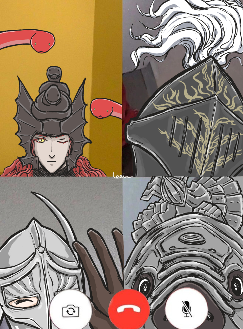 black_knight_(elden_ring) closed_eyes commander_gaius elden_ring elden_ring:_shadow_of_the_erdtree helm helmet highres indoors knight looking_at_viewer messmer_the_impaler mr_gardener one_eye_closed pig rellana_twin_moon_knight snake yellow_eyes