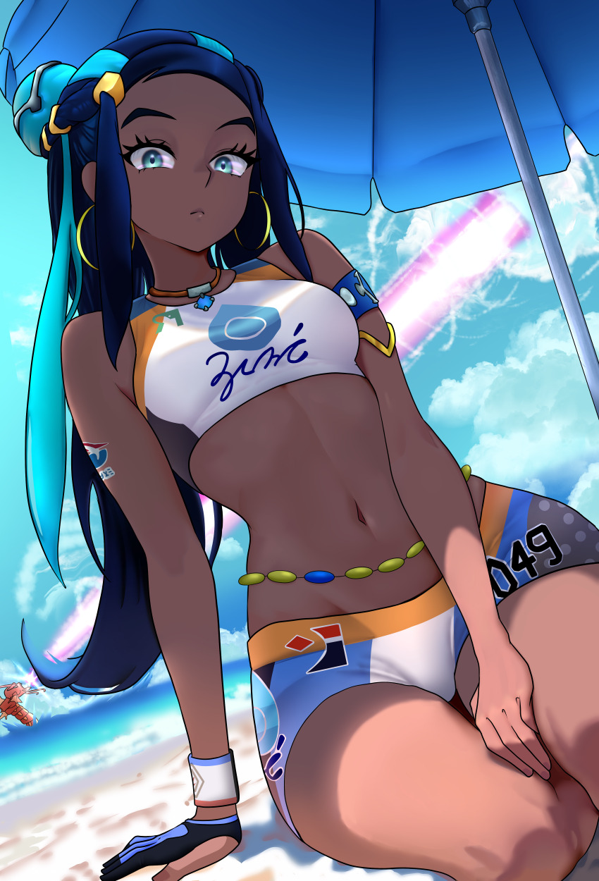 1girl absurdres alternate_color aqua_eyes aqua_hair arm_strap beach beach_umbrella blue_hair blue_sky breasts closed_mouth cloud cloudy_sky commentary crop_top ear_piercing earrings fingerless_gloves gen_1_pokemon gloves gyarados highres jewelry long_hair looking_at_viewer medium_breasts multicolored_hair navel necklace nessa_(pokemon) nintendo ocean piercing pokemon pokemon_(creature) pokemon_swsh seiza shani_taiwo shiny_pokemon short_shorts shorts single_glove sitting sky solo streaked_hair umbrella very_long_hair waist_jewel wristband