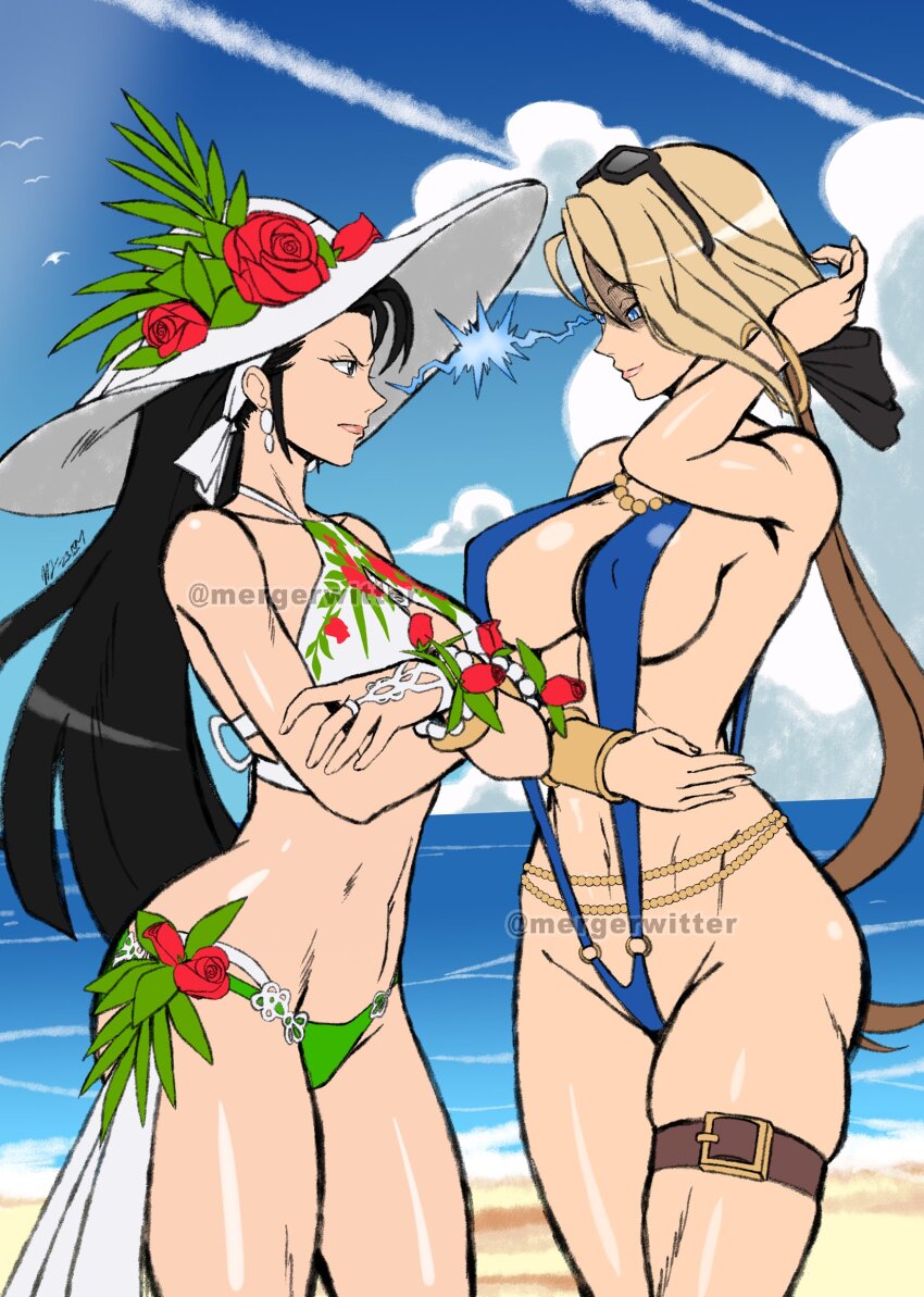 ass bare_shoulders beach bikini blonde_hair blue_eyes bracelet breasts cleavage eyewear_on_head flower goeniko hat hat_flower hat_ornament highres jewelry kagura_chizuru large_breasts long_hair looking_at_another mergeritter ponytail pretty_goenitz red_flower rose signature slingshot_swimsuit smile snk sparkle standing sun_hat swimsuit the_king_of_fighters the_king_of_fighters_all-stars watermark