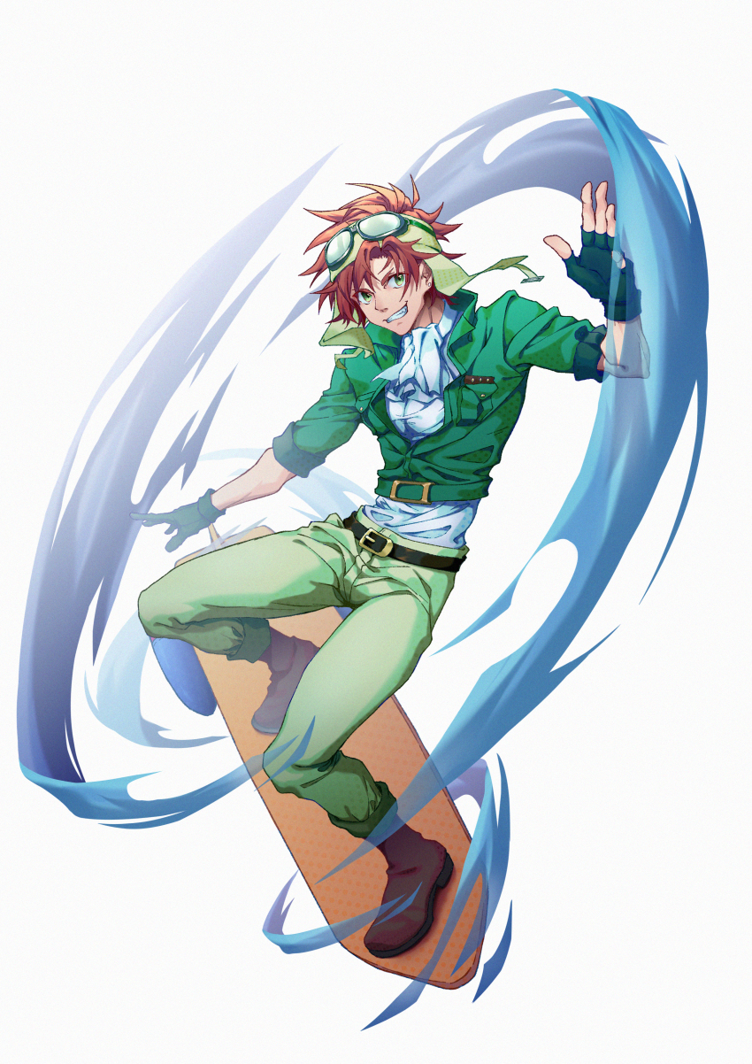 1boy absurdres ascot belt boots brown_boots brown_hair daziran_de_duqiyan fingerless_gloves full_body gloves goggles goggles_on_head green_jacket green_pants grin highres jacket looking_at_viewer male_focus muscular muscular_male pants shugo_chara! smile solo souma_kuukai surfing white_ascot white_background