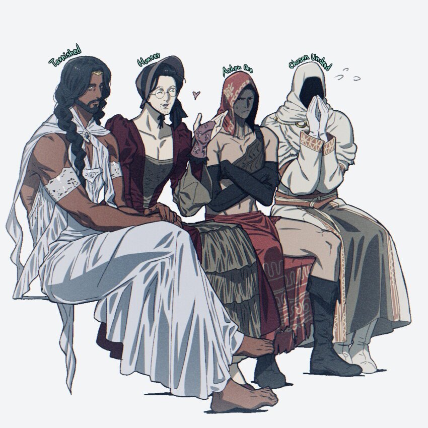 4boys ^_^ ashen_one_(dark_souls) barefoot beard black-framed_eyewear black_footwear black_gloves black_hair bloodborne boots braid brown_eyes chosen_undead cloak closed_eyes commentary_request company_connection crossdressing crossed_arms crossed_legs dark-skinned_male dark_skin dark_souls_(series) dark_souls_i dark_souls_iii dress elbow_gloves elden_ring english_text facial_hair facing_viewer flying_sweatdrops full_body gloves hands_on_own_leg heart highres hood hood_up hooded_cloak hunter_(bloodborne) long_hair male_focus mature_male multiple_boys nayaman own_hands_together round_eyewear sideways_glance simple_background sitting stubble tarnished_(elden_ring) toes toned toned_male twin_braids white_background white_dress white_footwear white_gloves