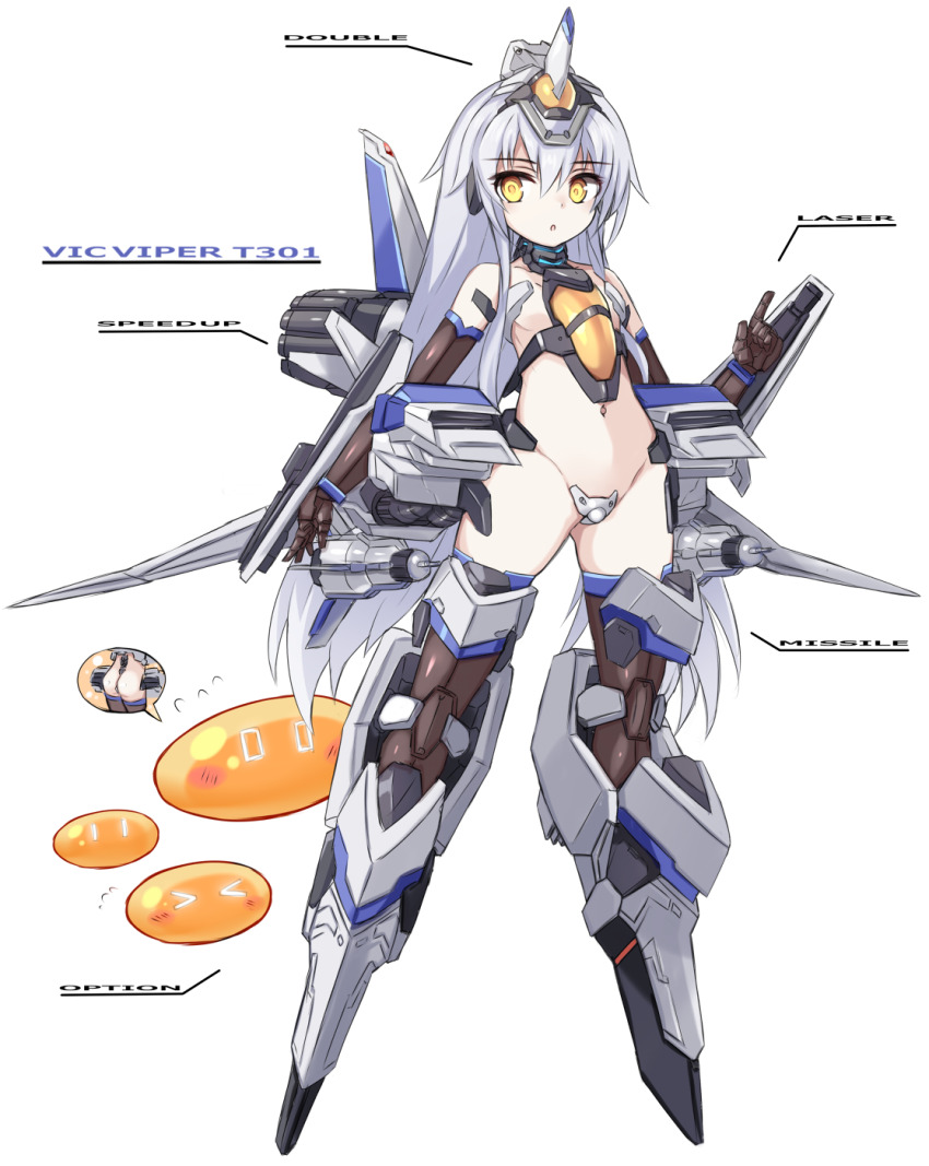&gt;_&lt; 1girl :o ass brown_gloves brown_thighhighs closed_eyes collarbone commentary_request crotch_plate elbow_gloves english_text flying_sweatdrops full_body gloves gradius grey_hair groin hair_between_eyes headgear highres karukan_(monjya) long_hair mecha_musume multiple_views navel parted_lips revealing_clothes simple_background slime_(creature) thighhighs very_long_hair vic_viper white_background yellow_eyes |_|