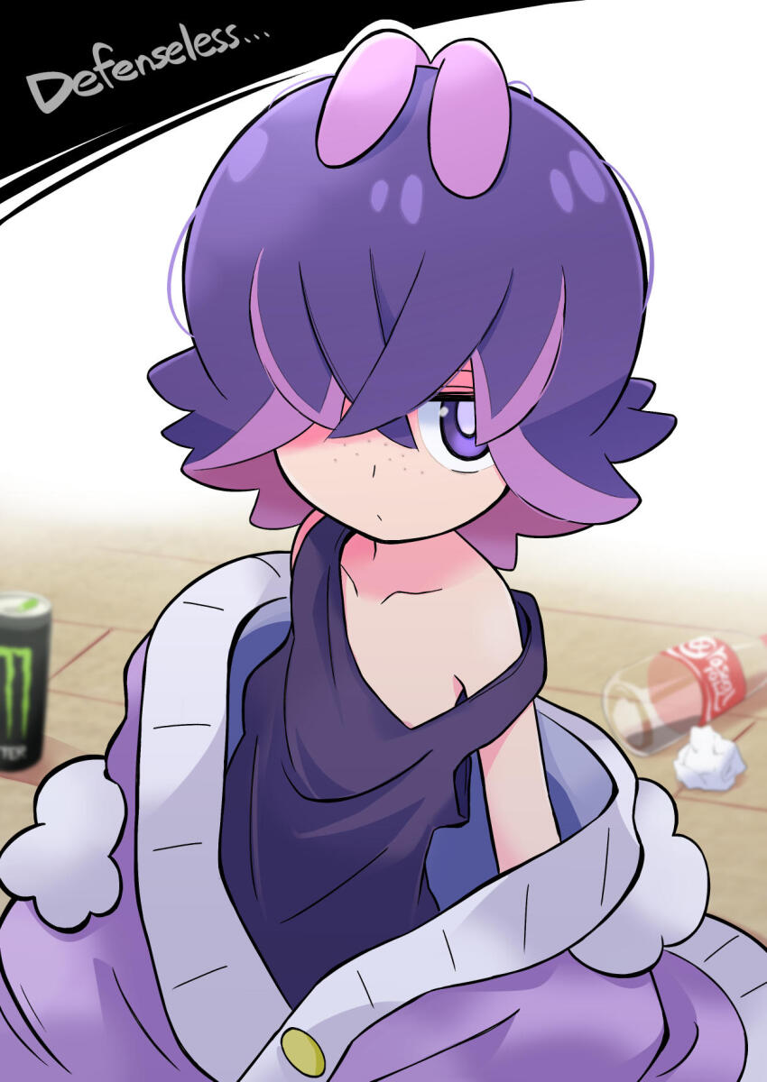 1girl black_tank_top collarbone crumpled_paper dot_(pokemon) energy_drink english_text flat_chest freckles hair_over_one_eye highres jacket looking_at_viewer loose_clothes loose_hair_strand messy_hair monster_energy nintendo oversized_jacket pokemon pokemon_(anime) pokemon_horizons purple_eyes purple_hair purple_jacket rascal_(feuille) short_hair soda_bottle solo tank_top