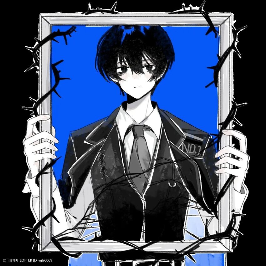 1boy bags_under_eyes black_border black_eyes black_hair black_necktie black_vest border brambles collared_shirt commentary double-parted_bangs hair_between_eyes highres holding holding_picture_frame jacket jacket_on_shoulders lcb_uniform_(project_moon) limbus_company limited_palette looking_at_viewer male_focus moqilengquan necktie ornate_border outside_border picture_frame portrait_(object) project_moon shirt short_hair solo thorns upper_body vest white_shirt yi_sang_(project_moon)