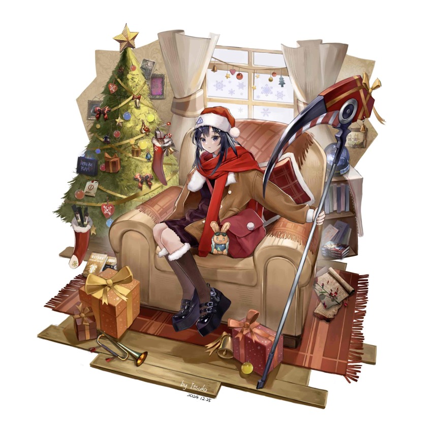 1girl absurdres alternate_costume arknights artist_name bag black_eyes black_hair brown_coat christmas christmas_tree coat dated dress feather_hair fur-trimmed_coat fur_trim hair_ornament hairclip handbag hat highres holding holding_scythe itsuka_(pixiv90988220) la_pluma_(arknights) platform_heels red_scarf rhodes_island_logo_(arknights) santa_hat scarf scythe sitting solo