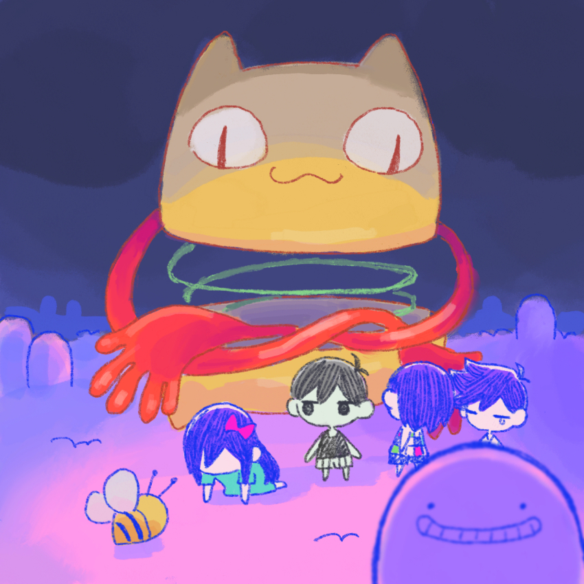 1girl 3boys all_fours aubrey_(headspace)_(omori) aubrey_(omori) bee black_tank_top blue_shirt bow bug chibi chibi_only closed_eyes colored_skin crossed_arms experiment_667_(omori) faceless faceless_female hair_bow hero_(headspace)_(omori) hero_(omori) highres humphrey_(omori) insect kel_(headspace)_(omori) kel_(omori) long_hair multiple_boys omori omori_(omori) pink_bow purple_hair shirt shorts spelling_bee_(omori) standing sun_iiinu tank_top white_shorts white_skin