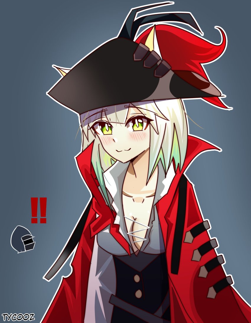 1girl :3 arknights black_dress black_hat blue_background blush breasts cleavage cloak collarbone cosplay dress green_eyes green_hair hat highres kal&#039;tsit_(arknights) medium_breasts phantom_(arknights) phantom_(arknights)_(cosplay) phantom_(focus)_(arknights) red_cloak short_hair simple_background solo two-tone_dress tyco0z white_dress