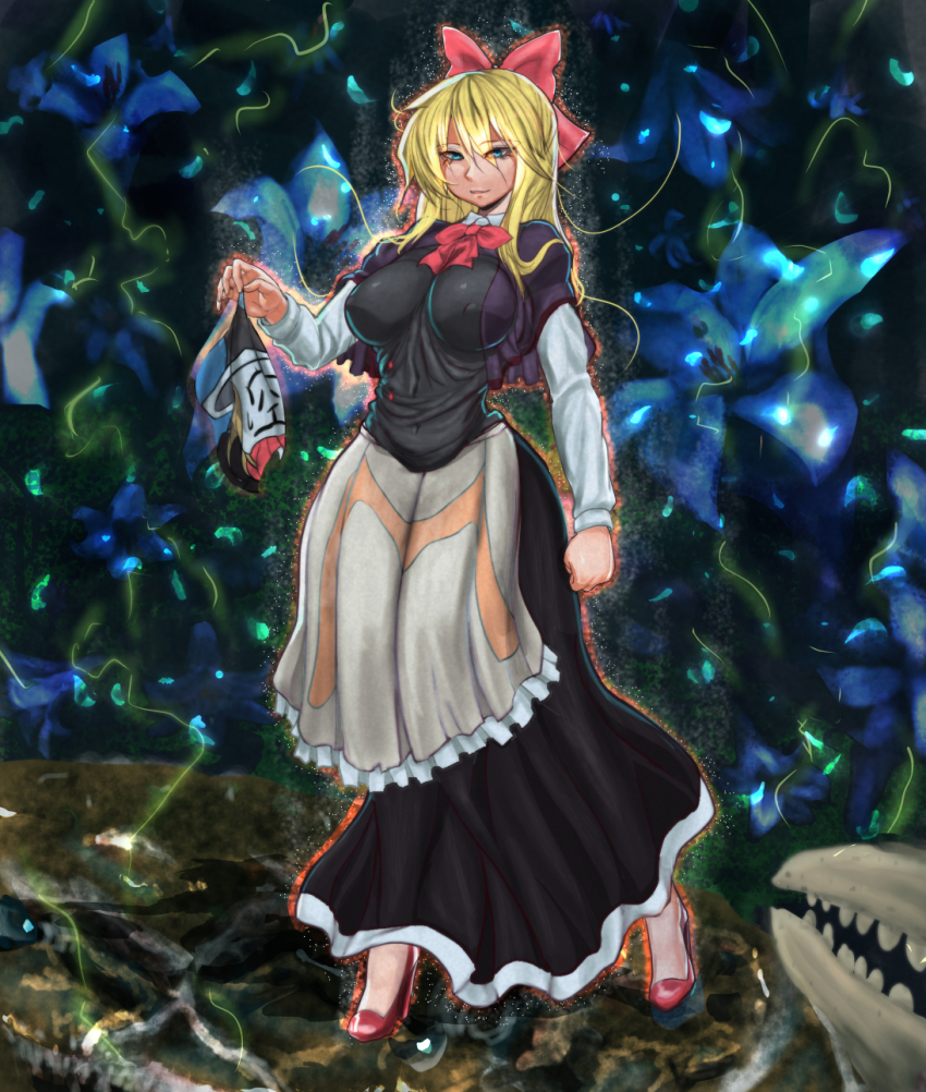 1girl alternate_breast_size apron black_capelet black_dress blonde_hair blouse blue_eyes blue_flower bow bowtie breasts capelet closed_mouth colored_eyelashes commentary_request cookie_(touhou) dress eyes_visible_through_hair floral_background flower frilled_apron frills full_body genderswap genderswap_(mtf) hair_between_eyes hair_bow hazuna_rio high_heels highres holding holding_mask impossible_clothes impossible_dress large_breasts long_hair long_sleeves looking_at_viewer mask poopdick red_bow red_bowtie red_footwear shanghai_doll shirt smile solo standing touhou waist_apron white_apron white_shirt