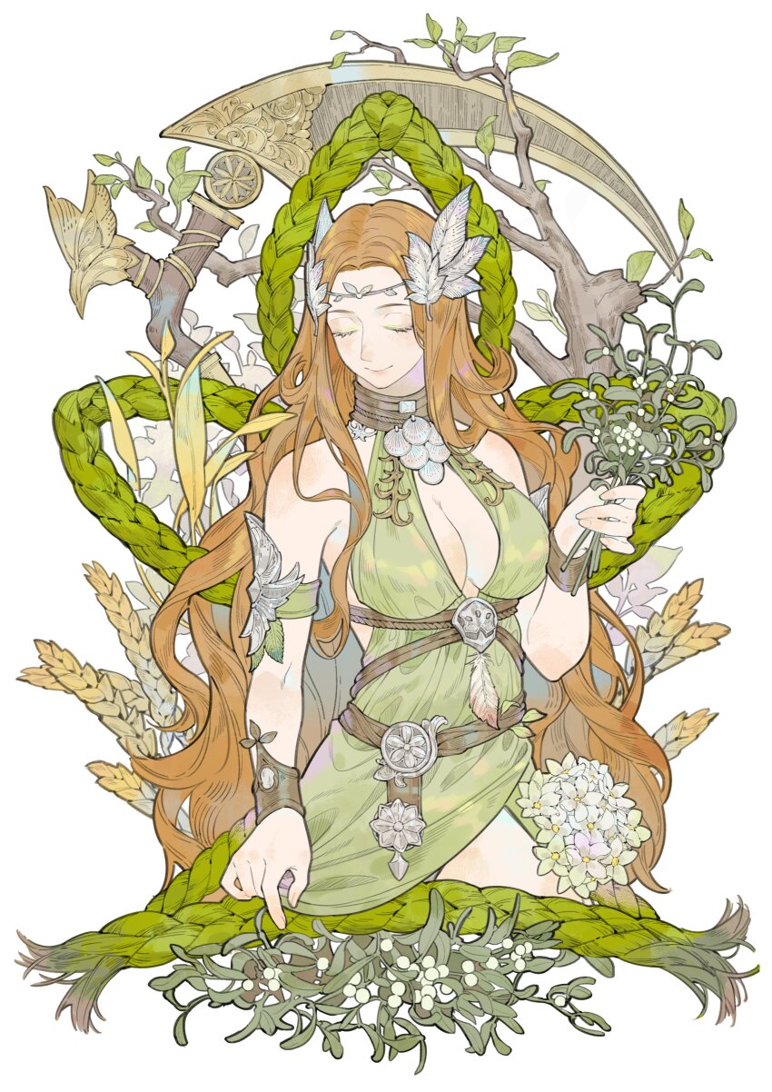 1girl absurdres bare_shoulders bracelet branch breasts circlet cleavage cleavage_cutout closed_eyes clothing_cutout cropped_torso detached_sleeves dress facing_viewer feathers final_fantasy final_fantasy_xiv green_dress hair_ornament highres holding holding_plant jewelry large_breasts leaf leaf_hair_ornament lege_bushi_shiwu long_hair nophica orange_hair plant scythe sleeveless sleeveless_dress smile solo upper_body wavy_hair wheat wreath
