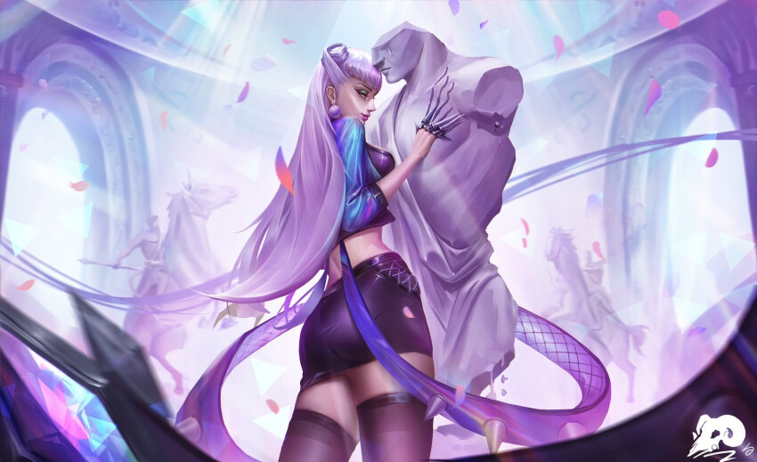 1girl ass black_skirt breasts cropped_jacket demon_girl evelynn_(league_of_legends) highres iainpek jacket k/da_(league_of_legends) k/da_all_out_evelynn league_of_legends long_hair looking_at_viewer medium_breasts open_clothes open_jacket skirt solo statue white_hair yellow_eyes