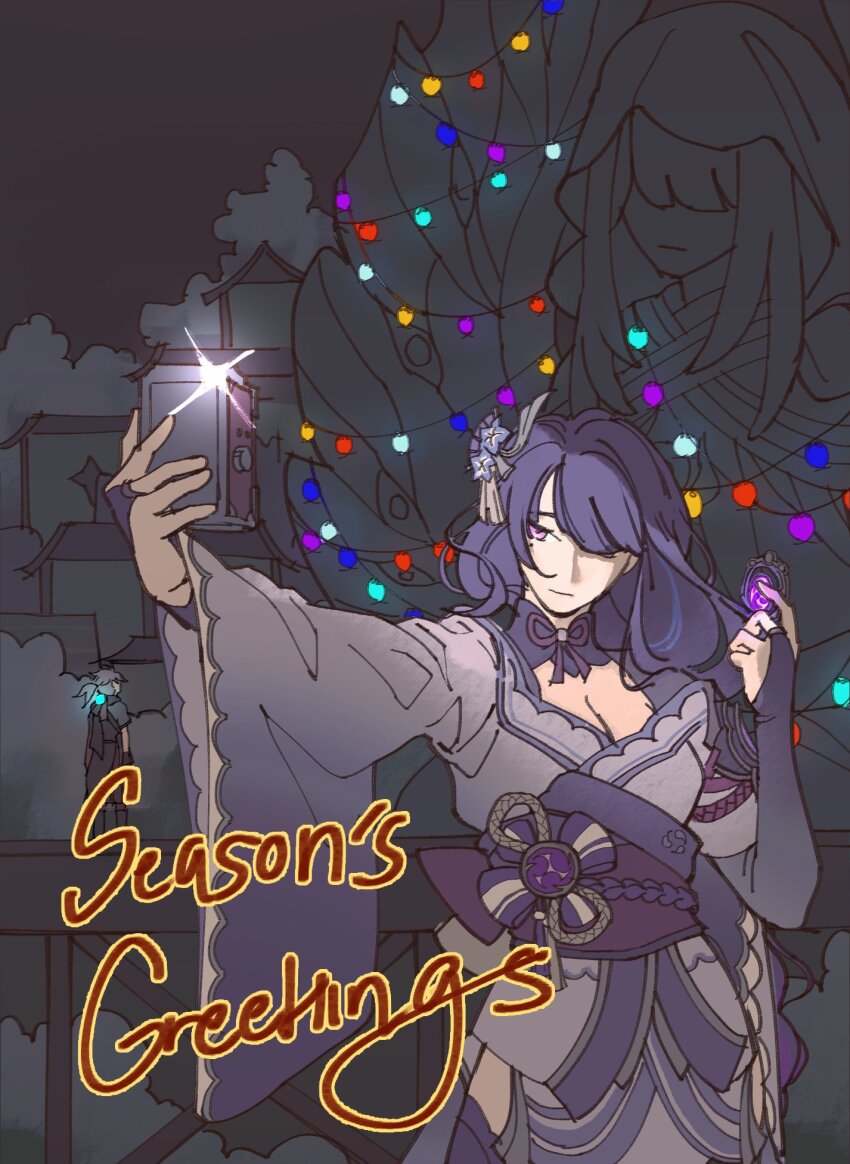 1girl camera cfeather8 christmas_lights electro_symbol_(genshin_impact) genshin_impact hair_ornament hair_over_one_eye highres holding holding_camera japanese_clothes kaedehara_kazuha kimono mole mole_under_eye obi outdoors pink_eyes purple_hair purple_kimono raiden_shogun sash selfie solo statue statue_of_the_seven vision_(genshin_impact)
