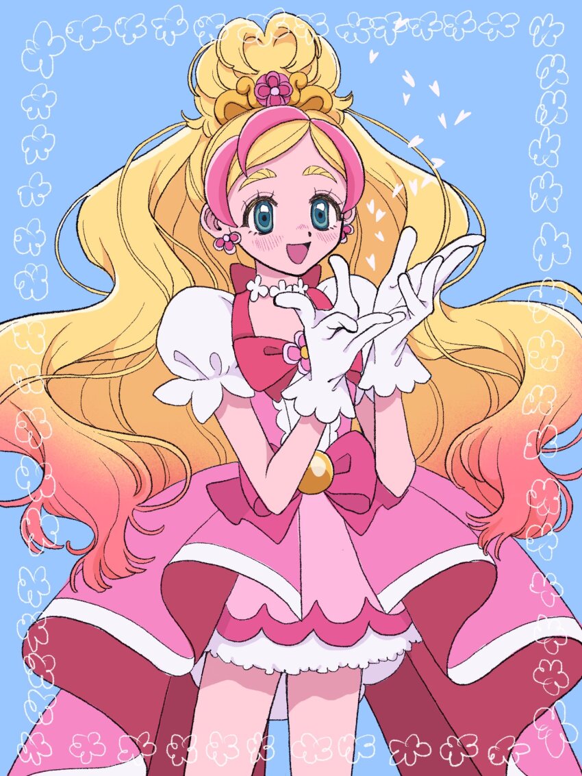 1girl blush bow commentary_request cure_flora earrings flower flower_earrings flower_necklace gloves go!_princess_precure green_eyes haruno_haruka highres jewelry long_hair magical_girl melon_hamburg_bentou multicolored_hair necklace open_mouth pink_bow precure puffy_sleeves smile solo streaked_hair two-tone_hair waist_bow waist_brooch white_gloves
