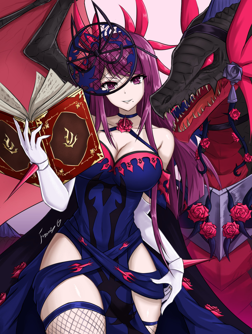 1girl absurdres bare_shoulders book breasts brooch cleavage cosplay cut_bangs dress elbow_gloves fascinator female_focus fgsketch fire_emblem fire_emblem_engage fishnet_thighhighs fishnets flower flower_brooch gloves hair_ornament highres holding holding_book ivy_(fire_emblem) ivy_(fire_emblem)_(cosplay) jewelry large_breasts long_hair looking_at_viewer matching_hair/eyes mole mole_under_mouth nintendo off-shoulder_dress off_shoulder parted_lips purple_eyes purple_hair rose smile solo thighhighs white_gloves