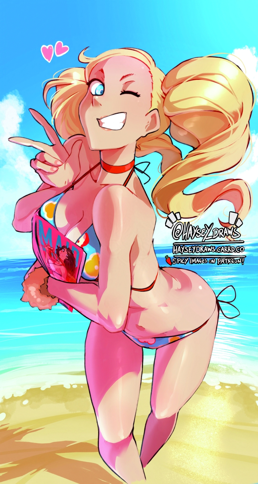 1girl absurdres beach bikini blonde_hair blue_bikini blue_eyes blue_sky breasts cleavage cloud day floral_print grin haysey heart highres holding holding_magazine kawakami_sadayo magazine_(object) medium_breasts ocean one_eye_closed outdoors persona persona_5 sand scrunchie sky smile solo swimsuit takamaki_anne twintails w water wrist_scrunchie