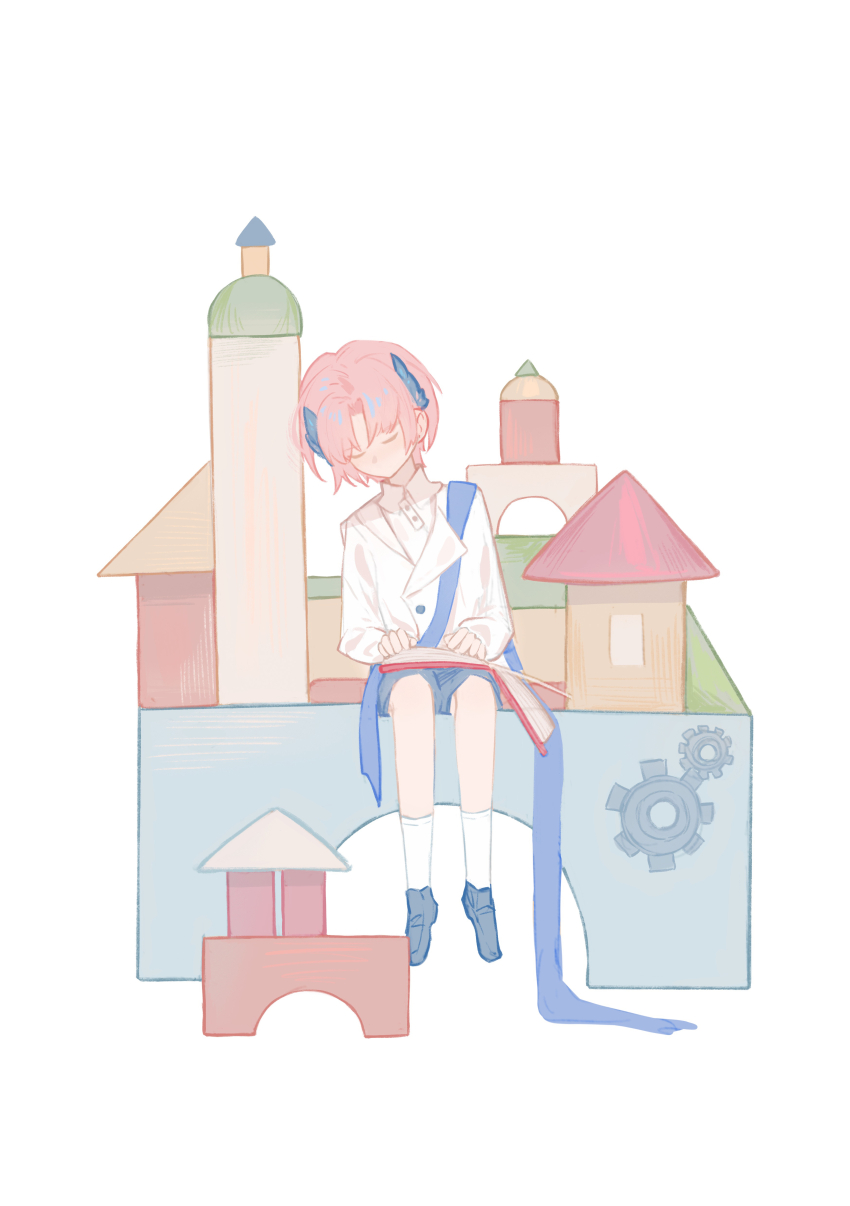 1boy absurdres arknights bieshi black_shoes black_shorts block_(object) blue_sash closed_eyes commentary english_commentary feather_hair gears highres loafers long_sleeves male_focus orange_hair passenger_(arknights) sash shirt shoes short_hair shorts simple_background sitting socks solo white_background white_shirt white_socks