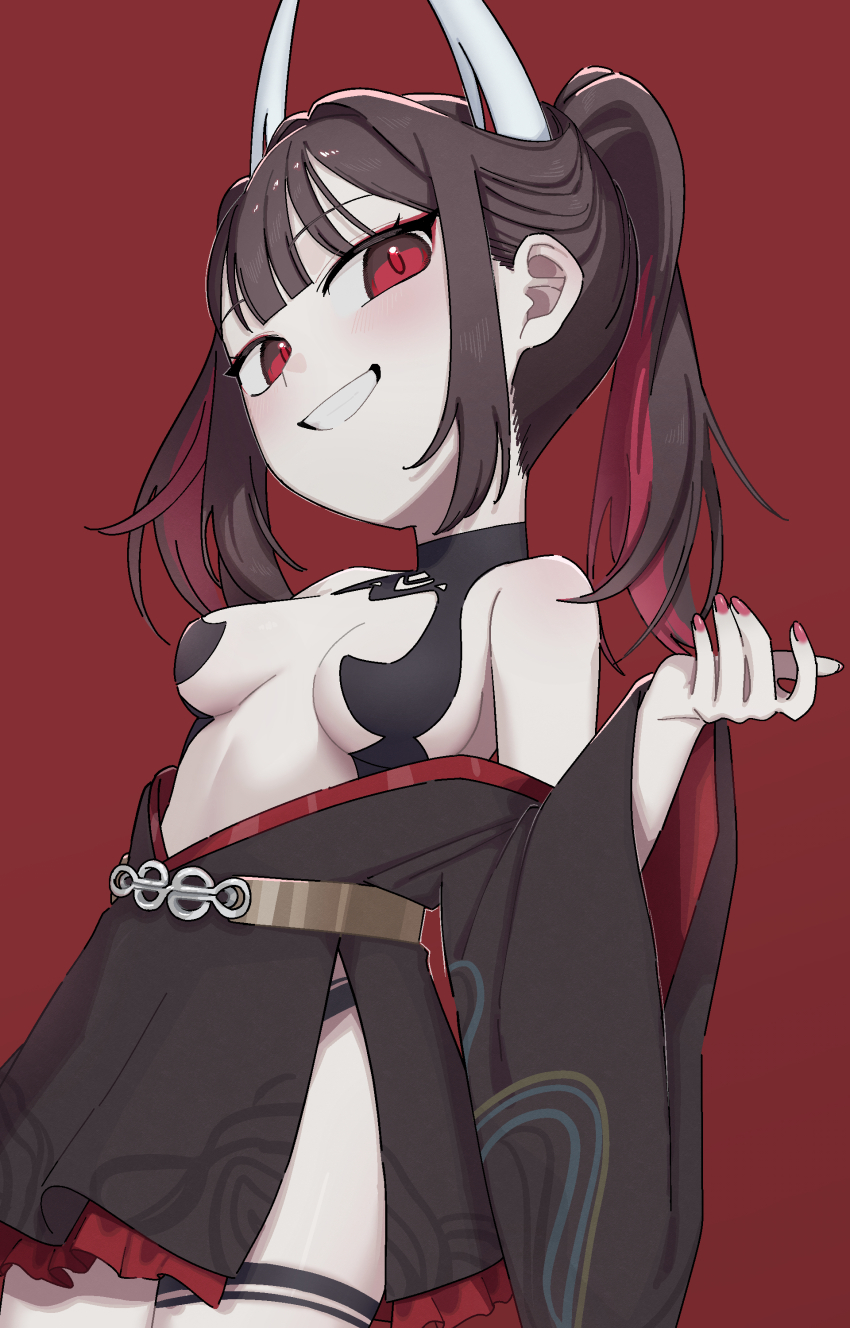 1girl absurdres azur_lane bare_shoulders black_dress black_hair black_panties blush breasts dress grin hatsuzuki_(azur_lane) hatsuzuki_(luxurious_celebration_time)_(azur_lane) highres horns looking_at_viewer mitsubasizu multicolored_hair official_alternate_costume open_mouth panties red_background red_hair red_nails red_streaks revealing_clothes side_slit simple_background small_breasts smile solo streaked_hair thigh_strap underwear wide_sleeves
