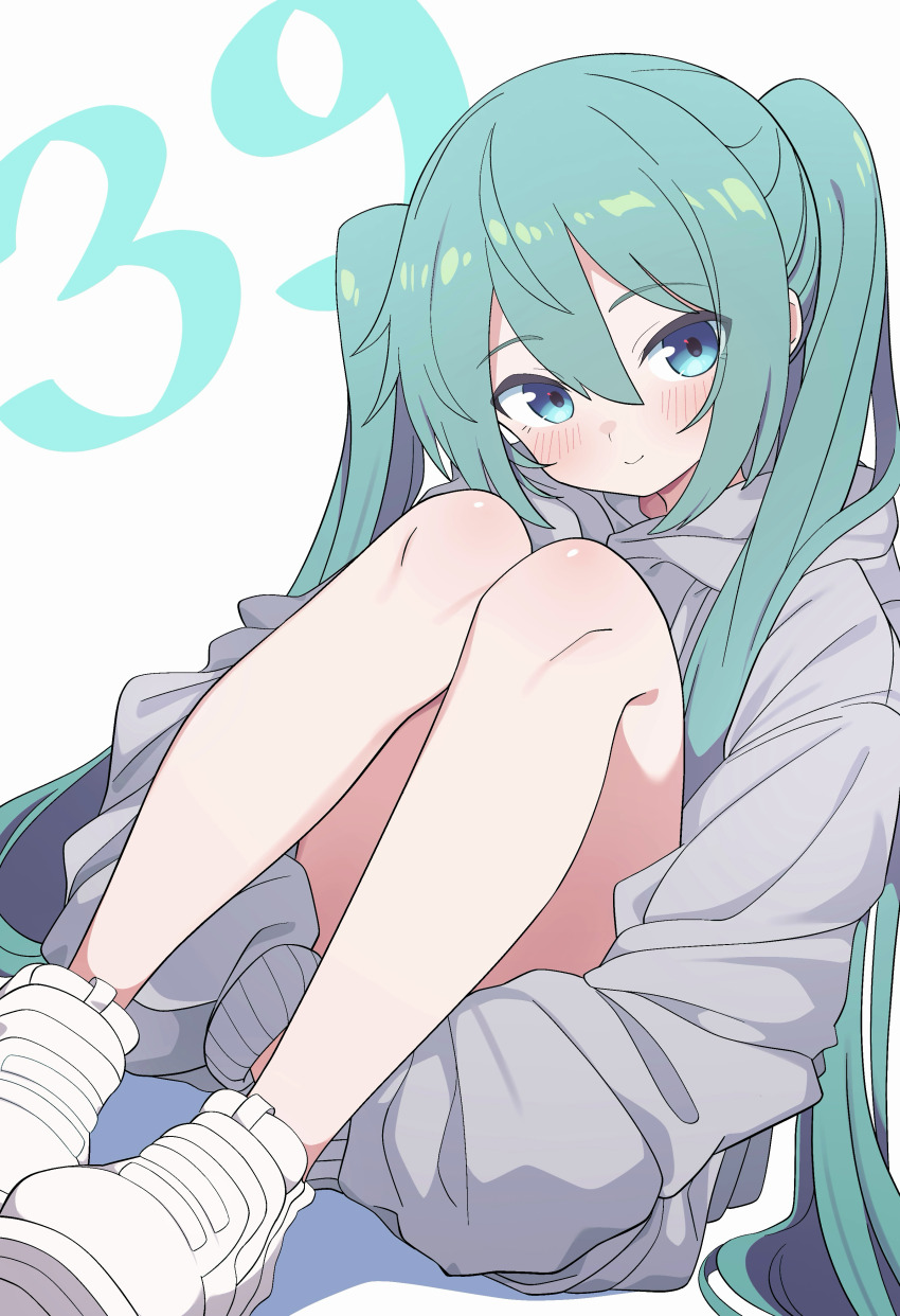 1girl 39 absurdres aqua_hair blue_eyes blush closed_mouth commentary full_body grey_hoodie hair_between_eyes hatsune_miku highres hiroikara_(smhong04) hood hoodie hugging_own_legs long_hair long_sleeves looking_at_viewer miku_day shadow shoes simple_background sitting smile sneakers solo twintails very_long_hair vocaloid white_background wide_sleeves
