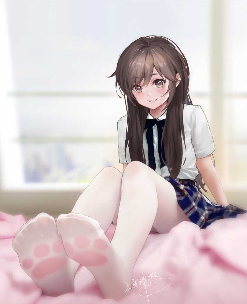 1girl black_bow black_bowtie black_hair bow bowtie brown_eyes feet foot_focus highres jokanhiyou legs long_hair looking_at_viewer no_shoes original pantyhose paw_print paw_print_soles plaid_clothes plaid_skirt pleated_skirt shirt short_sleeves signature sitting skirt smile solo thighband_pantyhose toes white_pantyhose white_shirt