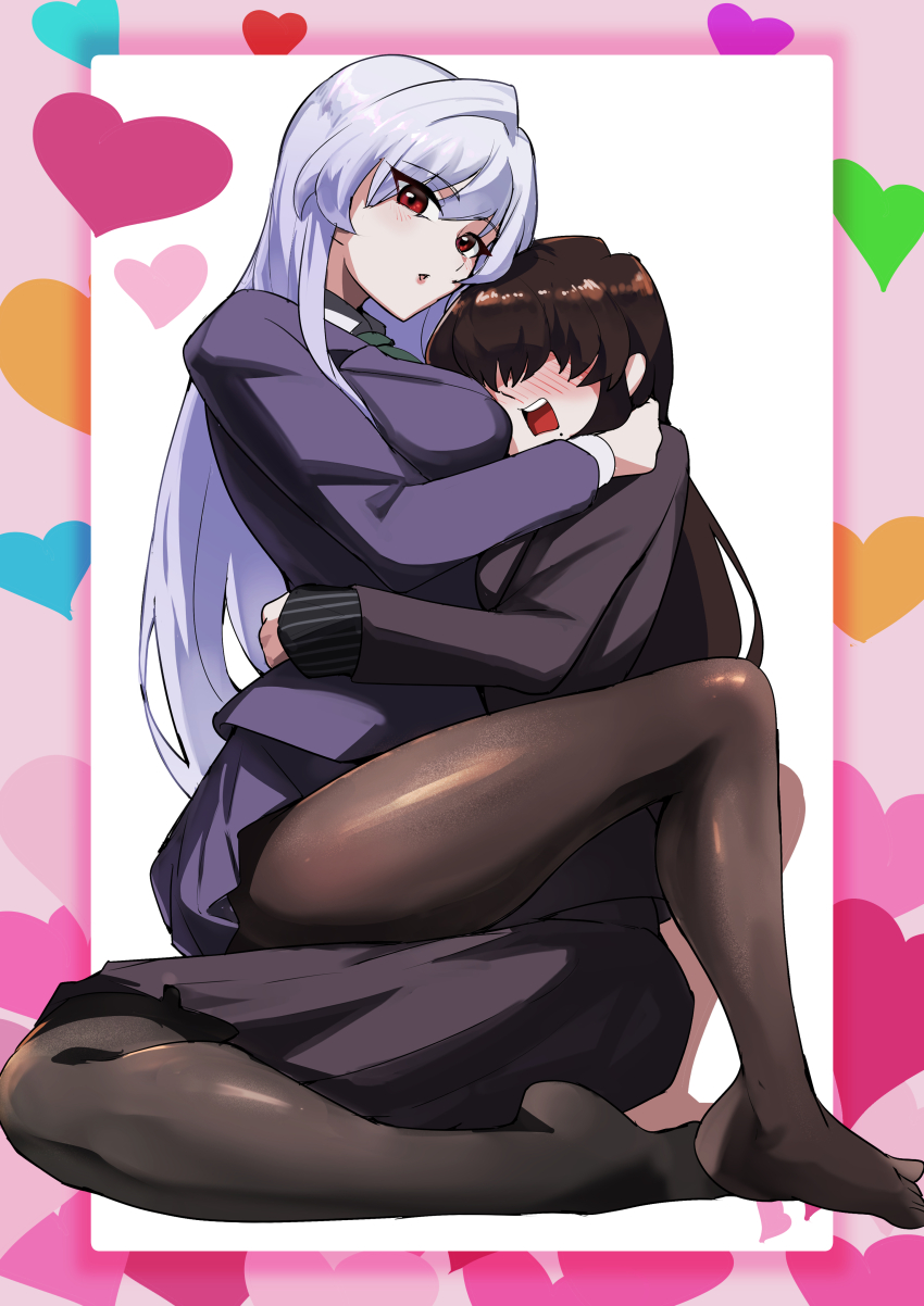 2girls absurdres black_hair black_shirt blue_shirt blue_skirt breasts eiai_nano grey_hair hair_over_eyes highres hug kakure_meme kimi_no_koto_ga_dai_dai_dai_dai_daisuki_na_100-nin_no_kanojo large_breasts long_hair mole mole_under_mouth multiple_girls open_mouth pantyhose red_eyes school_uniform shirt sitting skirt wariza yamada_otonari yuri