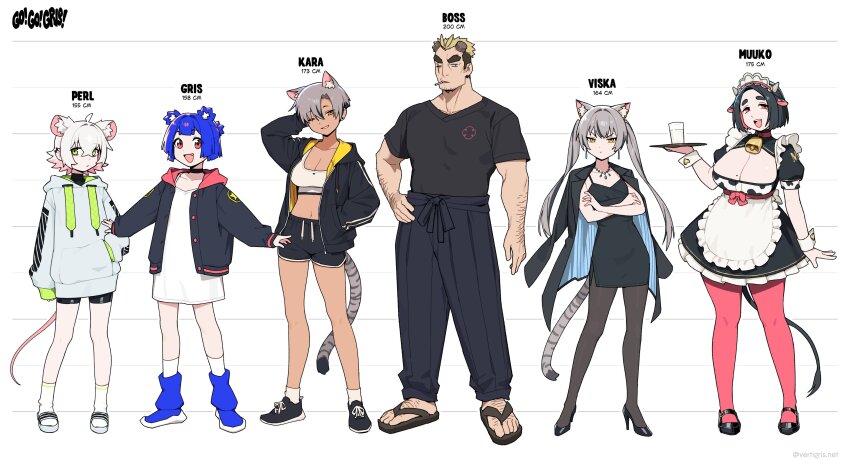 1boy 5girls absurdres animal_ear_fluff animal_ears animal_print arm_hair asymmetrical_bangs bell bike_shorts black_dress black_footwear black_jacket black_pants black_pantyhose black_shirt black_shorts blue_footwear boss_(vertigris) breasts broken_horns brown_hair cat_ears cat_girl cat_tail choker cleavage cleavage_cutout clothing_cutout commentary cow_ears cow_girl cow_print cow_tail crossed_arms cup dress ear_piercing english_commentary extra_ears flat_chest flip-flops green_eyes grey_hair gris_(vertigris) hand_in_pocket hand_on_own_hip height_chart high_heels highres holding holding_tray hood hoodie horns jacket jacket_on_shoulders jewelry kara_(vertigris) large_breasts looking_at_viewer maid medium_breasts midriff mole mole_on_breast mole_under_eye mouse_ears mouse_girl mouse_tail multiple_girls muuko_(vertigris) navel neck_bell necklace one_eye_closed open_clothes open_jacket original outstretched_arms pants pantyhose perl_(vertigris) piercing pink_eyes pink_thighhighs red_eyes sandals scar scar_across_eye scar_on_face shirt shirt_tucked_in shoes short_hair short_sleeves shorts socks spread_arms standing tail thick_eyebrows thighhighs tray v-shaped_eyebrows vertigris very_short_hair viska_(vertigris) white_dress white_hair white_hoodie white_socks yellow_eyes