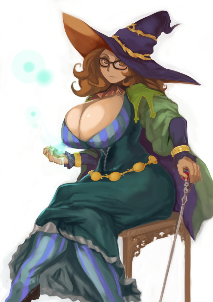 1girl absurdres ascot breasts brown_eyes brown_hair cape chair cleavage crossed_legs curly_hair female_focus glasses grand_knights_history hat high_heels highres huge_breasts jewelry long_hair looking_at_viewer magic muse_cromwell pantyhose ring scepter shoes simple_background sitting solo witch_hat zarusobababa