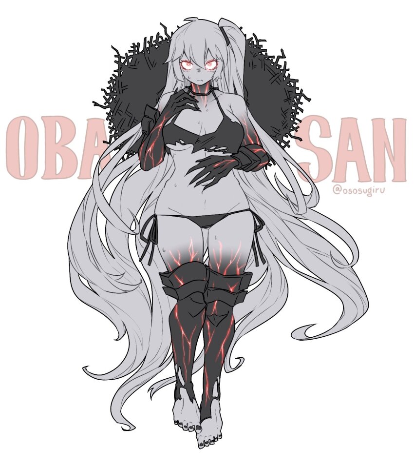 1girl abyssal_ship aircraft_carrier_princess aircraft_carrier_summer_princess armor bikini black_bikini black_nails breasts closed_mouth colored_skin commentary_request full_body glowing glowing_eyes grey_skin hair_between_eyes hat hat_on_back highres kantai_collection large_breasts long_hair looking_at_viewer multicolored_skin nail_polish one_side_up oso_(toolate) revision romaji_text side-tie_bikini_bottom solo straw_hat sweat swimsuit toenail_polish toenails torn_bikini torn_clothes very_long_hair