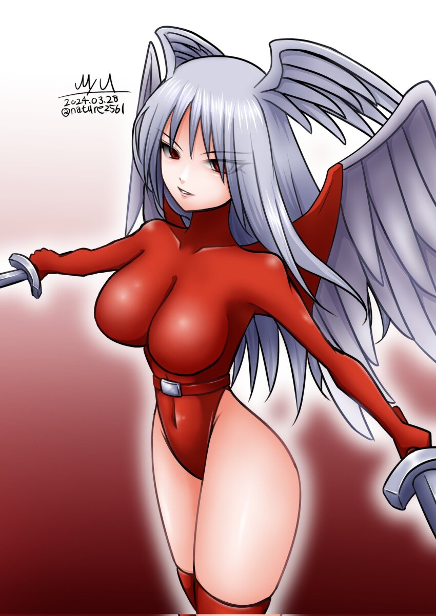 1girl angel_wings belt breasts dated dual_wielding final_fantasy final_fantasy_tactics grey_hair head_wings highleg highleg_leotard highres holding holding_sword holding_weapon large_breasts leotard long_hair looking_at_viewer myu_(nature256) red_eyes red_leotard signature smile solo sword twitter_username two-tone_background ultima_(fft) upper_body weapon wings