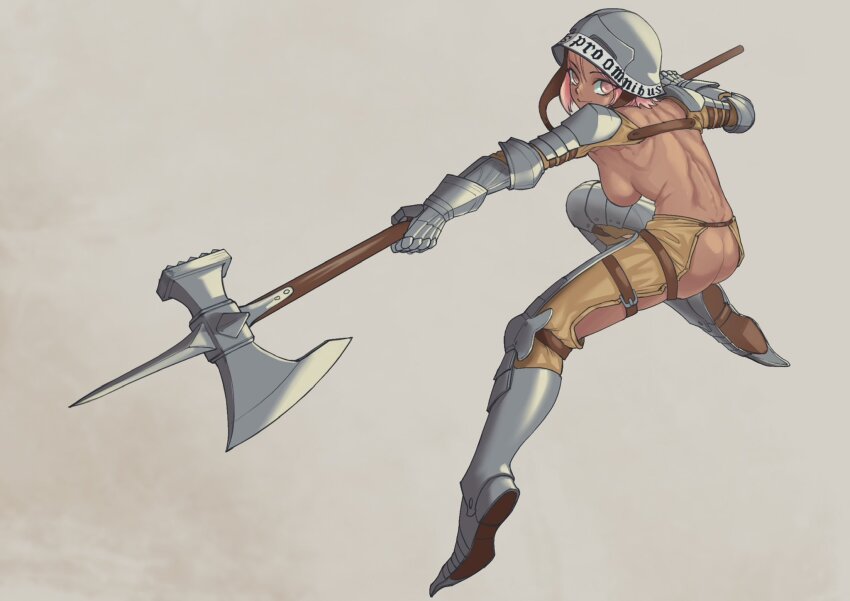 armor backless_pants borrowed_character breasts chausses ebenholz_(ironlily) gauntlets greaves halberd helmet highres holding holding_polearm holding_weapon large_breasts leg_armor medium_breasts naked_armor no_panties orange_eyes pants pink_hair polearm shoulder_armor sideboob toned topless_female weapon zarlek_9