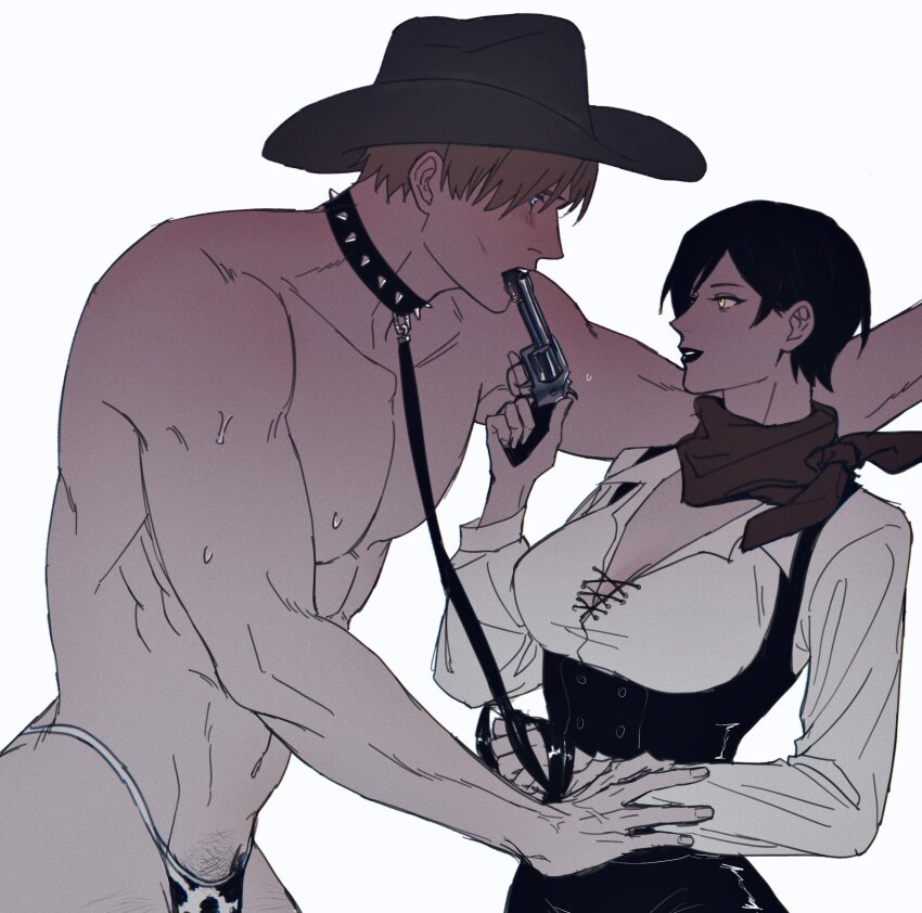 1boy 1girl aaamber_22 absurdres ada_wong animal_print black_hair blonde_hair blue_eyes blush breasts closed_mouth collar collared_shirt cow_print cowboy_hat gun_in_mouth hat hetero highres holding holding_another&#039;s_wrist holding_leash kabedon leash leon_s._kennedy long_sleeves male_underwear medium_breasts muscular muscular_male neckerchief parted_lips print_male_underwear pubic_hair red_neckerchief resident_evil shirt short_hair smile spiked_collar spikes sweat topless_male underbust underwear upper_body white_background white_shirt yellow_eyes
