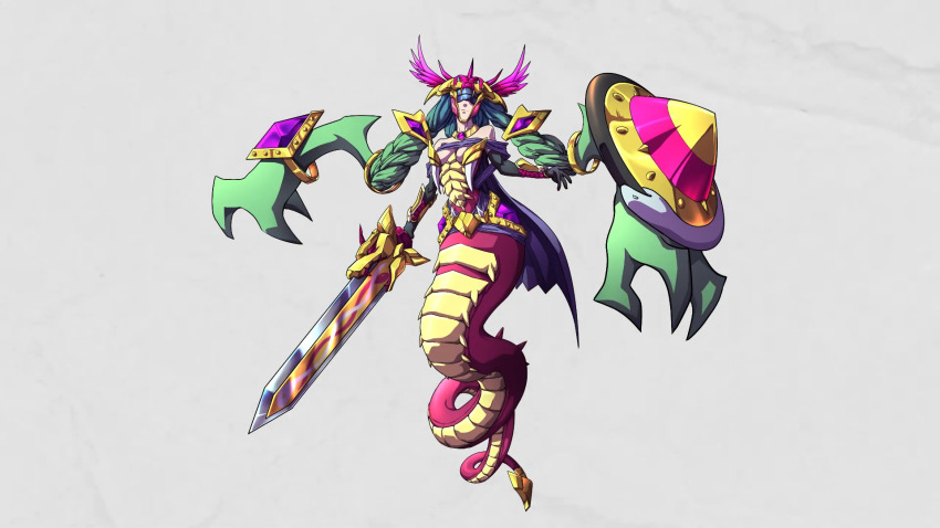 1girl bacchusmon digimon digimon_(creature) female_focus fusion highres lamia minervamon monster_girl original shield solo sword weapon wings