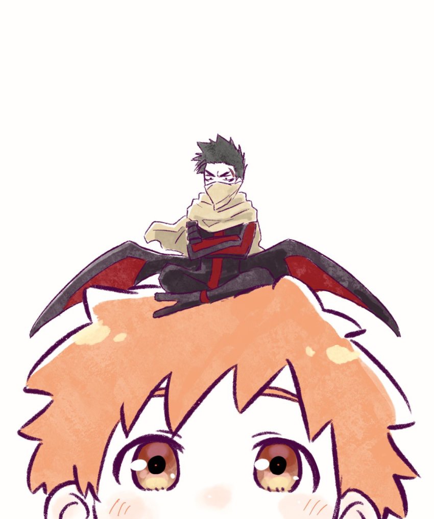 2boys black_wings bleach bleach:_epilogue blush choko_egg closed_eyes crossed_arms full_body highres kurosaki_kazui long_sleeves looking_at_viewer male_focus multiple_boys orange_eyes orange_hair portrait sitting sitting_on_head sitting_on_person tsubaki_(bleach) ugaki_(bleach) wings