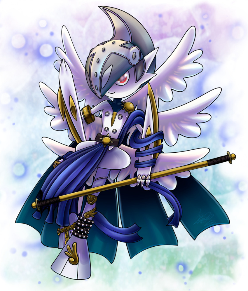 angel_wings angemon angemon_(cosplay) arm_blade colored_skin cosplay digimon gallade gen_4_pokemon helmet highres holding holding_staff mamajebbun mega_gallade mega_pokemon nintendo pink_eyes pokemon pokemon_(creature) smile staff weapon white_skin wings
