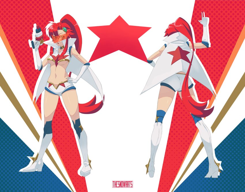 1girl absurdres artist_name boots breasts cape commentary commission gluteal_fold gun hand_on_own_hip highres holding holding_gun holding_weapon index_finger_raised kneehighs long_hair medium_breasts navel ponytail red_hair short_shorts shorts snowgus socks star_(symbol) tengen_toppa_gurren_lagann underboob very_long_hair weapon white_boots white_cape white_shorts yoko_littner