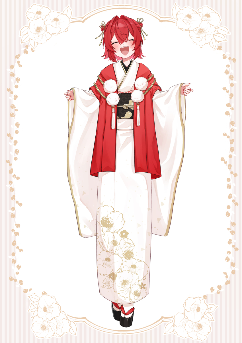 1girl 3znk ^_^ absurdres alternate_costume alternate_hairstyle ange_katrina black_sandals black_sash blush border braid braided_bun brown_border closed_eyes commentary_request dot_nose double_bun floral_border floral_print floral_print_kimono floral_print_sash full_body furisode gold_trim hair_between_eyes hair_bun hair_intakes hair_ribbon hands_up head_tilt highres japanese_clothes kimono long_bangs nail_polish nijisanji obi obiage obijime okobo open_mouth platform_sandals pom_pom_(clothes) print_kimono print_sash red_hair red_nails red_shawl ribbon sandals sash shawl shippou_(pattern) short_hair simple_background sleeves_past_wrists smile socks solo standing straight-on tabi tassel teeth upper_teeth_only virtual_youtuber white_background white_kimono white_socks