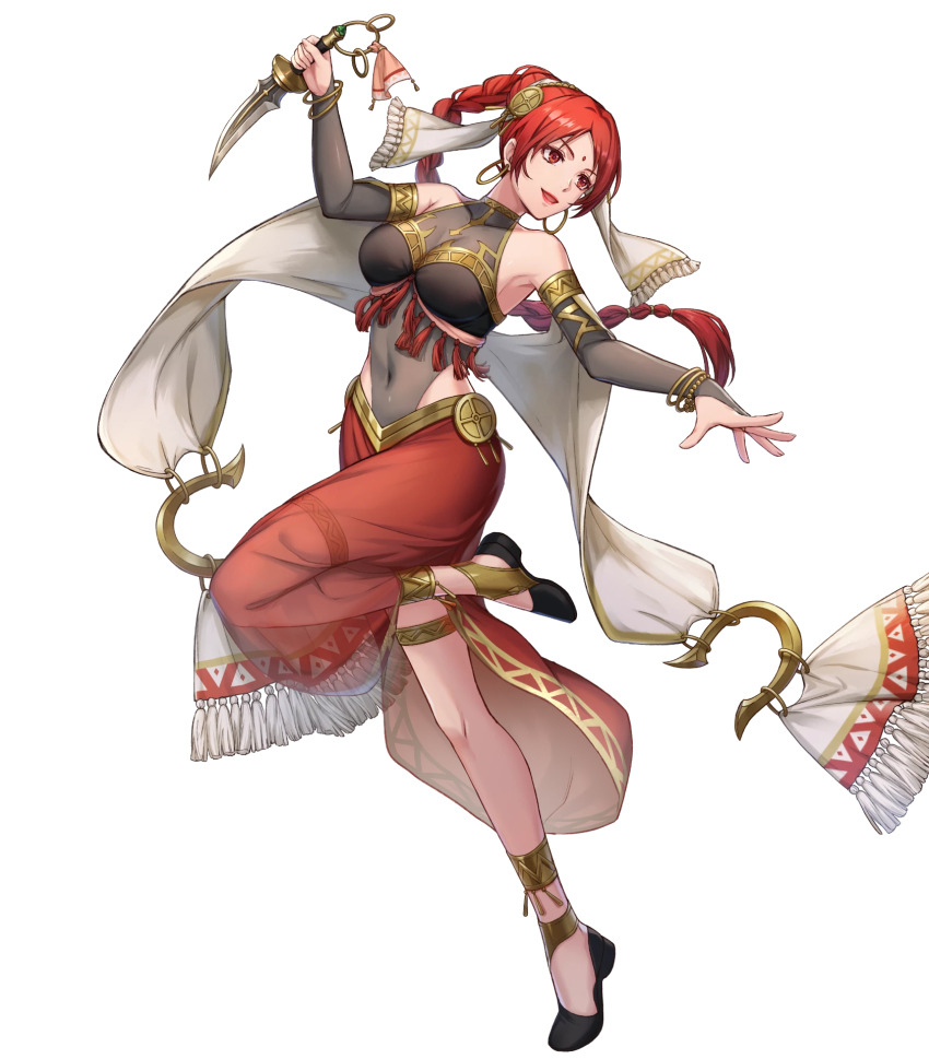 1girl black_footwear bracelet braid breasts dagger dancer earrings facial_mark female_focus fire_emblem fire_emblem:_the_sacred_stones fire_emblem_heroes forehead_jewel highres holding holding_dagger holding_knife holding_weapon hoop_earrings jewelry knife large_breasts lipstick long_hair makeup matching_hair/eyes navel nintendo non-web_source official_alternate_costume official_art parted_lips red_eyes red_hair red_lips see-through_clothes smile solo stomach tethys_(dancing_sands)_(fire_emblem) tethys_(fire_emblem) thighlet weapon