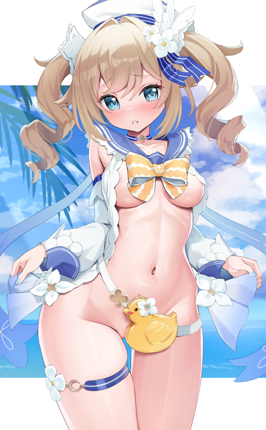 absurdres animal_bag barbara_(genshin_impact) barbara_(summertime_sparkle)_(genshin_impact) bird blonde_hair blue_eyes blue_nails blue_sailor_collar blush bow breasts censored choker cloud cloudy_sky commentary_request cowboy_shot detached_sleeves drill_hair duck flower genshin_impact hair_flower hair_ornament hat highres humo looking_at_viewer medium_breasts medium_hair nail_polish navel novelty_censor official_alternate_costume outdoors sailor_collar sailor_hat sky thigh_gap thigh_strap twintails white_hat