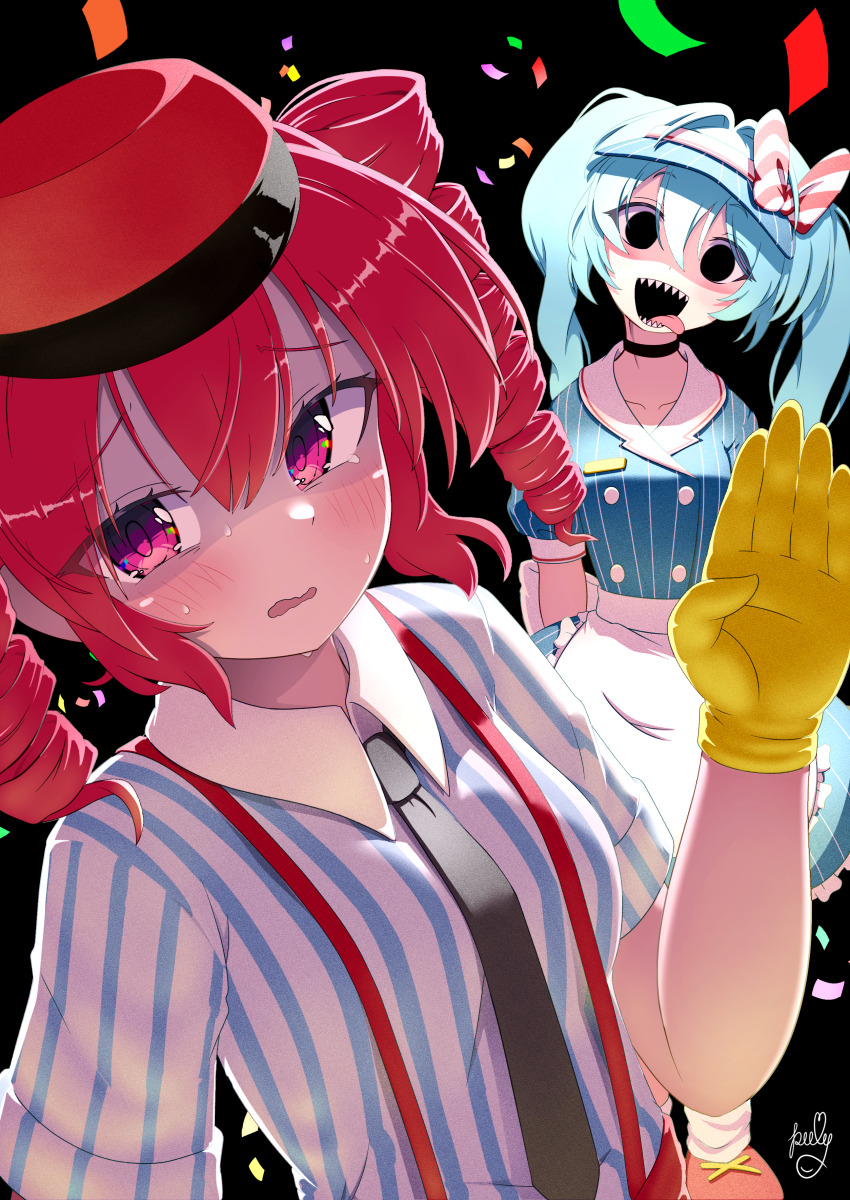 2girls absurdres alternate_costume apron arms_behind_back back_bow black_background black_choker black_eyes black_necktie blue_hair bow choker collarbone collared_dress collared_shirt commentary_request confetti diagonal-striped_bow dress gloves hair_between_eyes hand_up hat hatsune_miku highres kasane_teto looking_at_viewer making-of_available mesmerizer_(vocaloid) multiple_girls necktie pants pinstripe_dress pinstripe_pattern polyhedron2 red_bow red_eyes red_hat red_pants red_shoes sailor_collar shirt shoes solid_circle_eyes standing striped_bow striped_clothes striped_shirt suspenders teeth tongue tongue_out twintails upper_body upper_teeth_only utau vocaloid waist_apron white_apron white_bow white_sailor_collar wing_collar worried yellow_gloves
